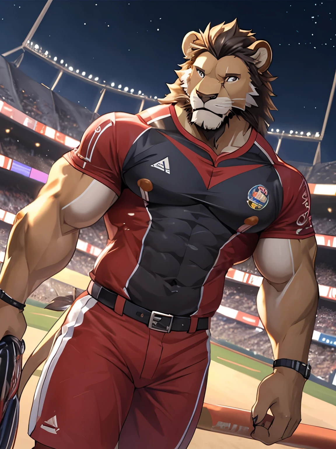 Una imagen de los personajes de la visual novel Knight College(kemono): Julius Quignard(yellowish lion kemono), being on the beach and wearing an attractive swimsuit.