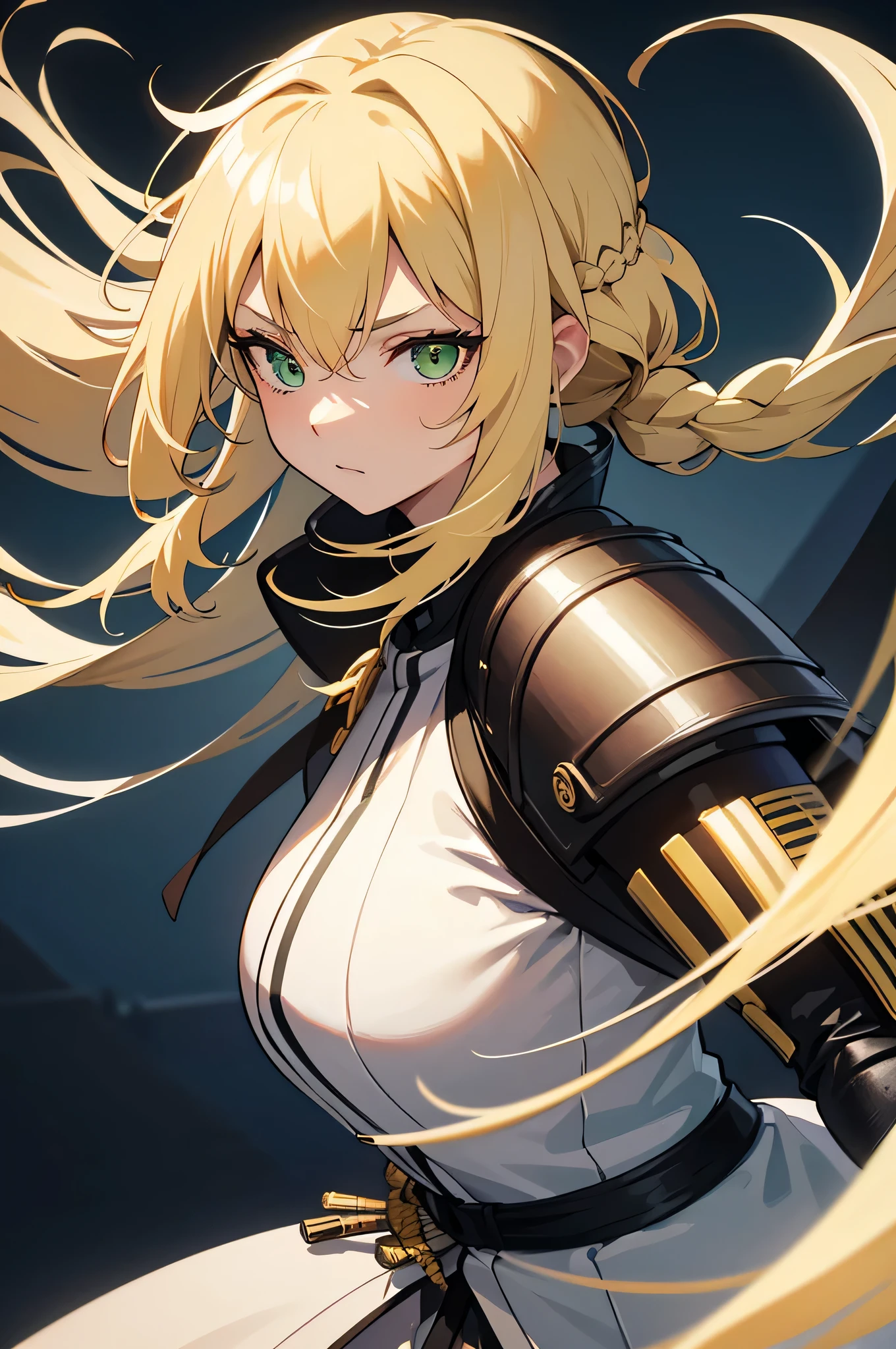 4K,High resolution,one woman,white yellow hair,long hair,Braid,green eyes,warrior,white armor,heavy armor,Japanese sword,Plain color