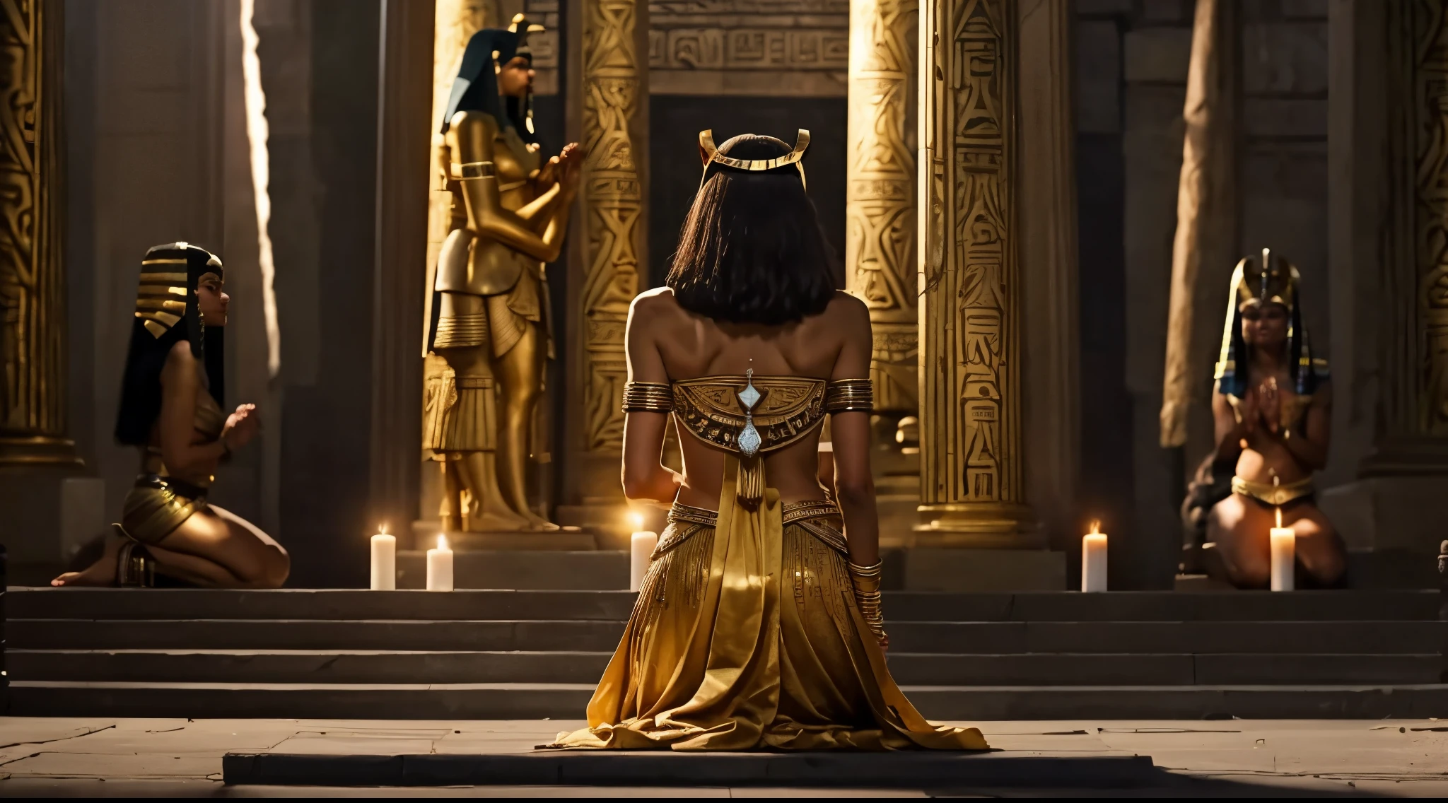 zendaya portrayed as Cleopatra, praying to the large statue of the god Anubis in a temple with women with white candles ,phothotorealistic scene, dramatic, cinematic, 4k resolution, hyperdetailed, dramatic scene, full body angle view, back view