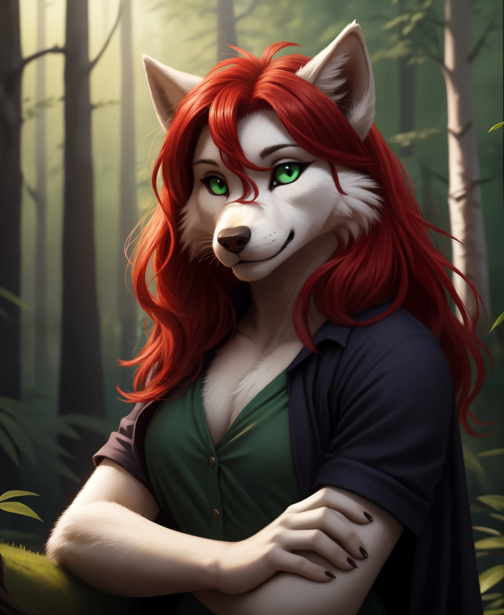 by kenket, by totesfleisch8, (by thebigslick, by silverfox5213:0.8), (by syuro:0.2),, rose-twokinds, twokinds, (best quality, masterpiece:1), solo, furry female anthro, green eyes, long hair, Red hair, portrait, finger claws, looking at viewer, wolf tail, (outdoors dark forest trees blurry blurred background:1.1), green clothes