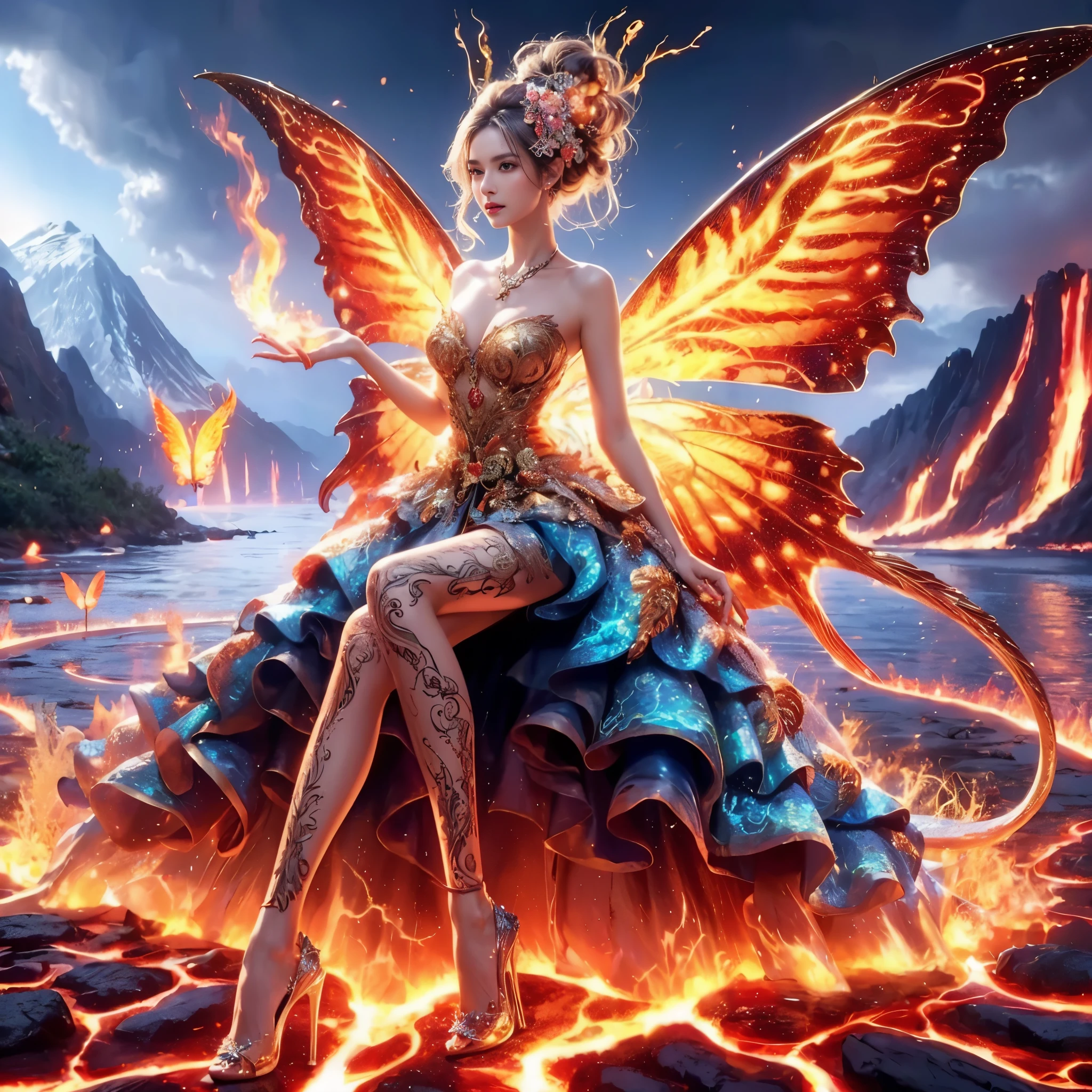 arafed woman with gigantic breast in a colorful
Tight fire lightning steel dress in front of a building, wearing an ornate outfit, ornate dress, intricate dress, elegant lightning fire dress, ornate and elegant, extravagant dress, inspired by Hedi Xandt, ornate attire, intricate outfit, ornate royal gown, ornate clothing, ornate gown, intricate and elegant, intricate detailed dress, ornate , high heels, royal dress, detailed hand, detailed finger, Fire in the body, Fire on the dress, Fire element, Fire wings, Transparent clothing, masterpiece, best quality:1.2),,(8k,highres,RAW photo,realistic,photo-realistic:1.3),(detailed skin texture,detailed cloth texture,detailed flame texture, beautiful detailed face:1.25),professional lighting,photon mapping,beautiful soft light,radiosity,physically-based rendering,raytracing, model shoot style, model shoot style, (extremely detailed CG unity 8k wallpaper), full shot body photo of the most beautiful artwork in the world, (NSFW), (Nude), (Naked), (Nipple)