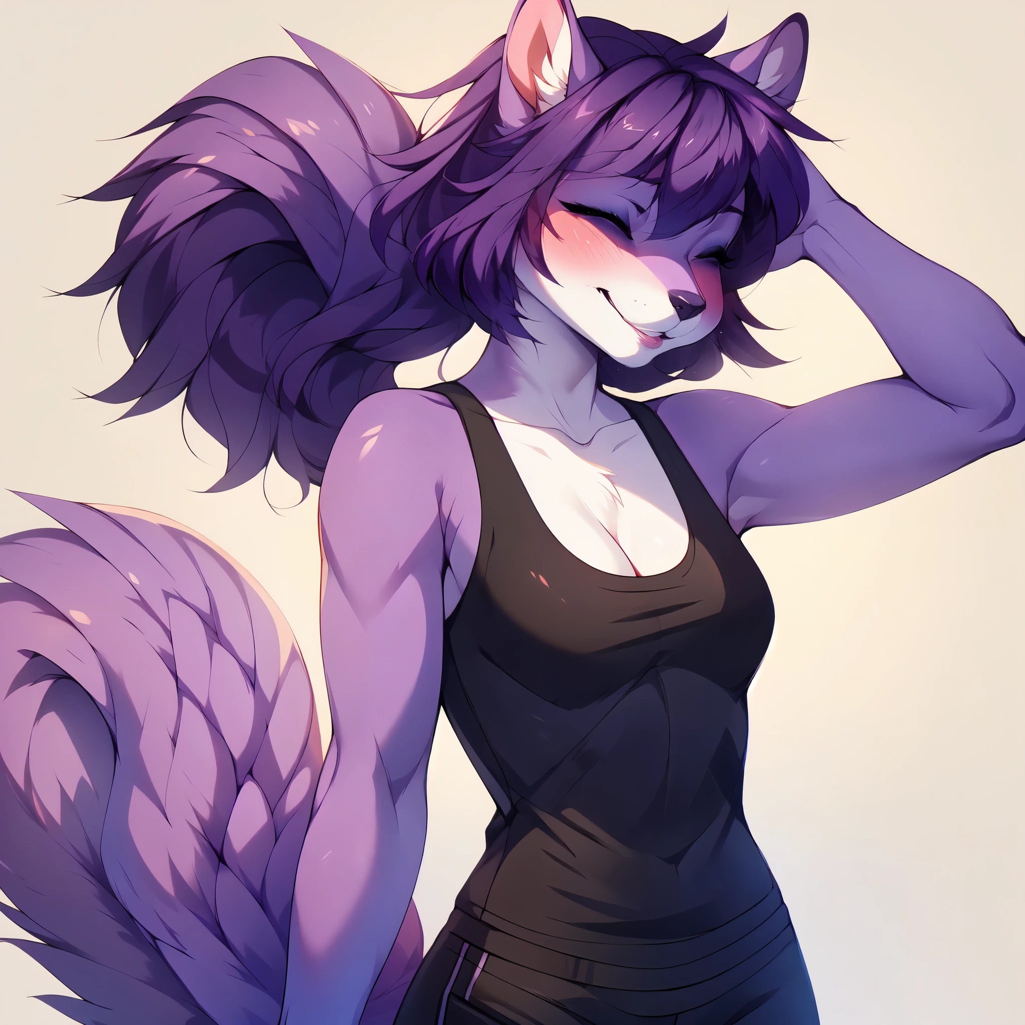 Solo, by fumiko, by hyattlen, by hioshiru,  Kaori, closed eyes, black nose, purple squirrel girl, short purple hair, ponytail, purple furry body,  wearing black tank top, portrait, close up, squinting:2, ((looking away)):1.3, looking to the side, blushing profusely, head tilted, coy smile, mouth slightly open, laughing, shy, no background, front view, looking embarrassed, her hand behind her head, scratching her head