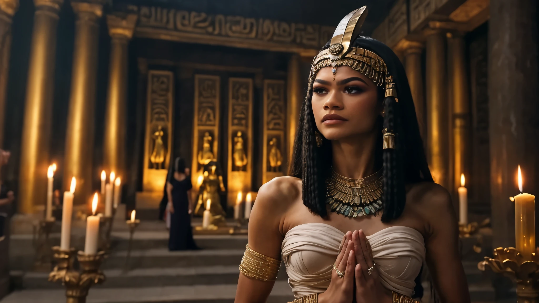 zendaya portrayed as Cleopatra, praying to the large statue of the god Anubis in a temple with women with white candles ,phothotorealistic scene, dramatic, cinematic, 4k resolution, hyperdetailed, dramatic scene, full body angle view, front view