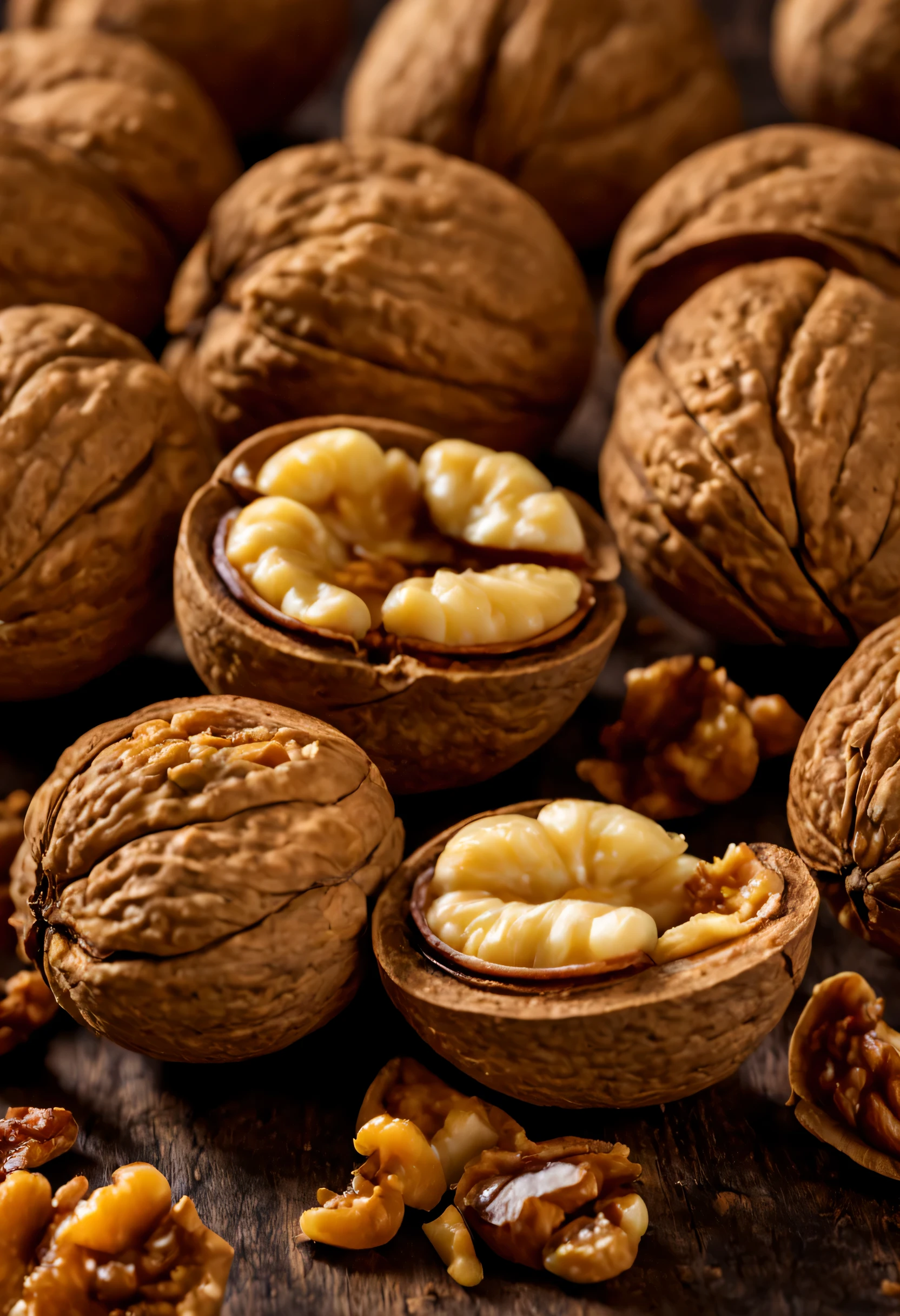 close-up photo of several whole and broken walnuts, highly clear photo, cores vivas, hiper-realista, nozes perfeitas, frutas saborosas, foto profissional, imagem promocional, global illumination, 12k