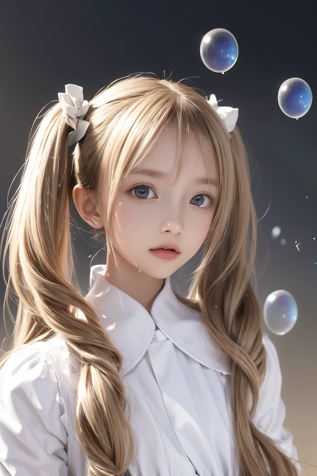 (Highly detailed CG Unity 8k wallpaper), the most beautiful works of art in the world, , 10 years old, blonde, twin tails, slim and young body, white skin, topless,  with beautiful face, bubble, shiny bubbles, bubbles, color shining in bubble, reflective bubbles, bubbles, bubbles all around, turning into bubble