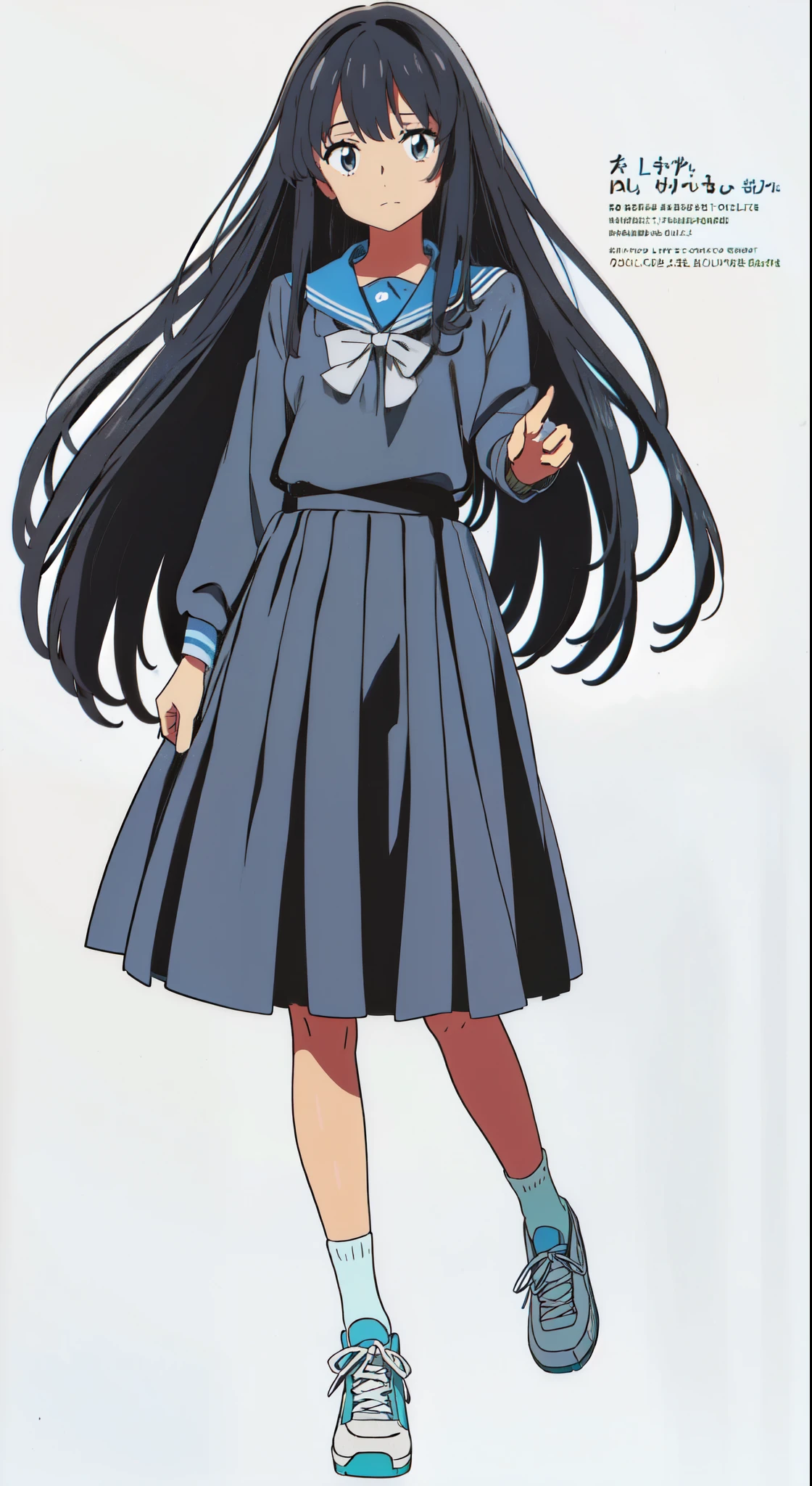 (best quality:1.0), (a cute girl:1.0), (white background:1.0), (best quality:1.0), (masterpiece:1.0), (super fine illustration:1.0), (beautiful artwork:1.0), (anime screencap:1.0), (official art:1.0), (full body:1.0), (solo:1.0), (a 15yoe girl:1.0), (long skirt:1.0), (dark blue skirt:1.0), (pleated skirt:1.0), (dark blue sailor uniform:1.0), (long sleeve sailor uniform:1.0), (sneakers:1.0), (white socks:1.0), (ideal ratio body proportions:1.0), (lanky:1.0), (tall:1.0), (slender:1.0), (small breasts:1.0), (smaller face:1.0), (tareme:1.0), (detailed beautiful eyes:1.0), (detailed beautiful face:1.0), (glowing black eyes:1.0), (medium hair:1.0), (black hair:1.0), (standing:1.0), (looking at viewer:1.0)