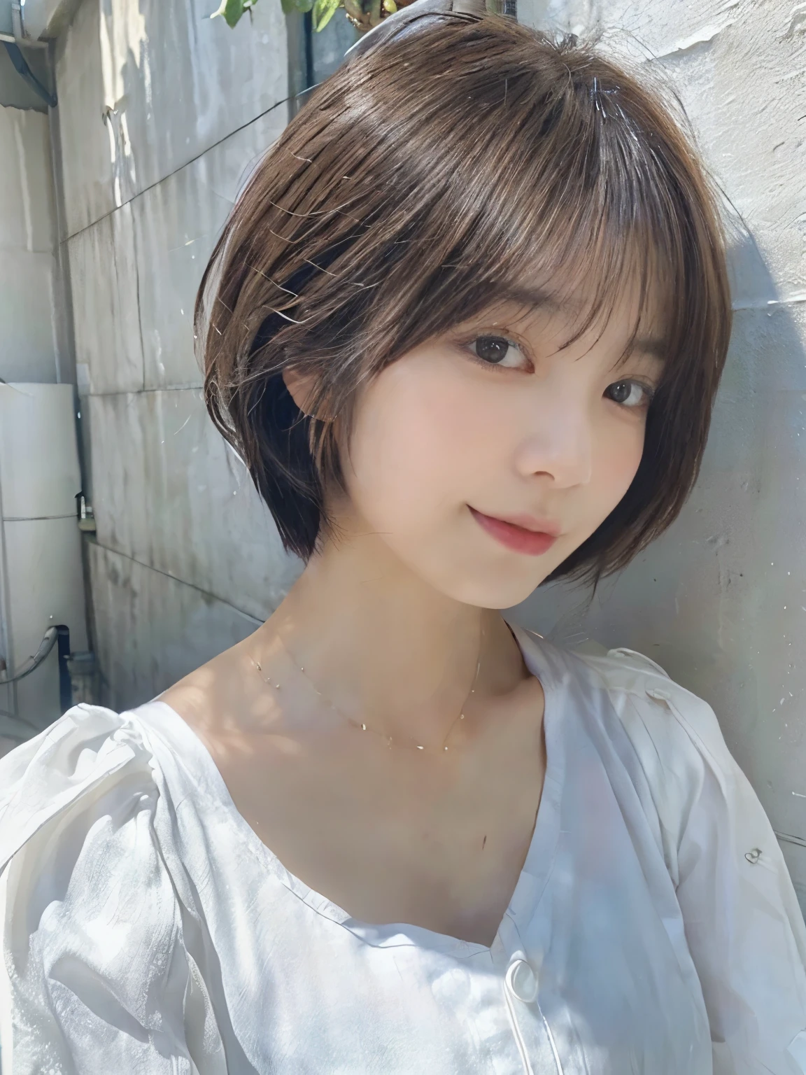 (highest quality、8K、32K、masterpiece、nffsw:1.2)、photo of cute japanese woman、very short bobbed hair、Upper body、necklace、shot from above、Don&#39;Don&#39;Don&#39;don&#39;t look at the audience、(realistic、Photoreal:1.37)、1 girl、Shot in natural light、Physically based rendering、excellent image quality、High resolution、1080P、(Detailed facial description)、(Detailed explanation of hands)、(Detailed CG)、Rich details、(exquisite features)、(best image quality)、(masterpiece)、(fine eyes)、delicate clavicle、Versatile poses、profile、white wall、Taken in front of the white door、(窓のあるwhite wallの部屋)、earrings、laughter、Spring clothes、 shortcut、short hair、((white blouse))