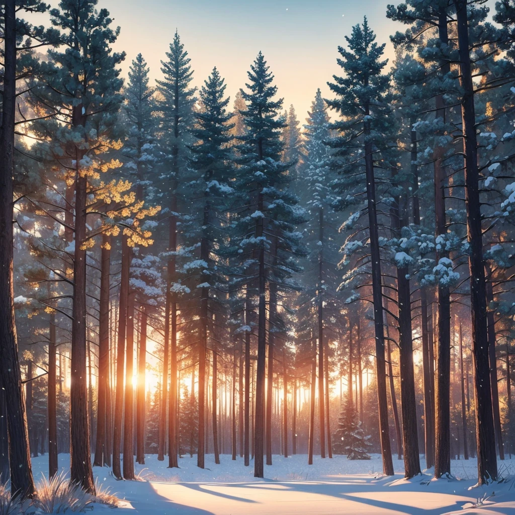 Create an image of a landscape, to use as a backdrop, of a forest, American oak trees, low grass, with a light snowfall falling at sunset. realistic drawing, cartoon