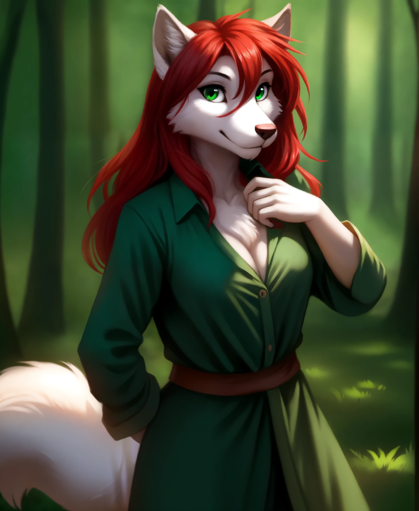 by kenket, by totesfleisch8, (by thebigslick, by silverfox5213:0.8), (by syuro:0.2),, rose-twokinds, twokinds, (best quality, masterpiece:1), solo, furry female anthro, green eyes, long hair, Red hair, portrait, finger claws, looking at viewer, wolf tail, (outdoors dark forest trees blurry blurred background:1.1), green clothes