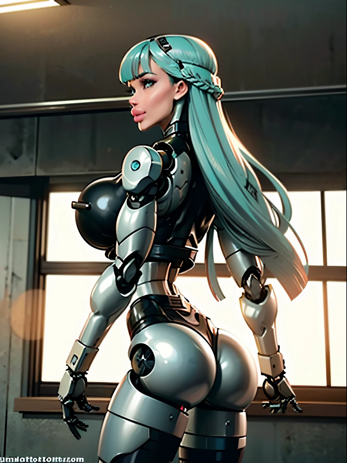 ((Back view:1.3)),looking straight to viewer, ((light aqua hair:1.4)), There is a woman in a robot suit ((posing inside futuristic Roman building)), ((long side burns)), ((long hair bangs:1.5)), ((Beautiful white girl half cyborg)), (gigantic breasts:1.7), Cute cyborg woman, Beautiful girl cyborg, (aletta ocean face), (puffy lips), Perfect Robot Girl, Cyborg girl, intricate details, Young cyborg lady, Beautiful Female Robot, ((robotic abs:1.4)), intricate holes on hips, Beautiful robot woman, cyborg girl, perfect cyborg female, ((porcelain cyborg)), Female robot, Beautiful cyborg images, (cinematic lighting)