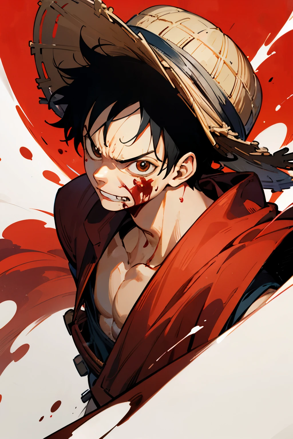luffy with blood on his face and red background 