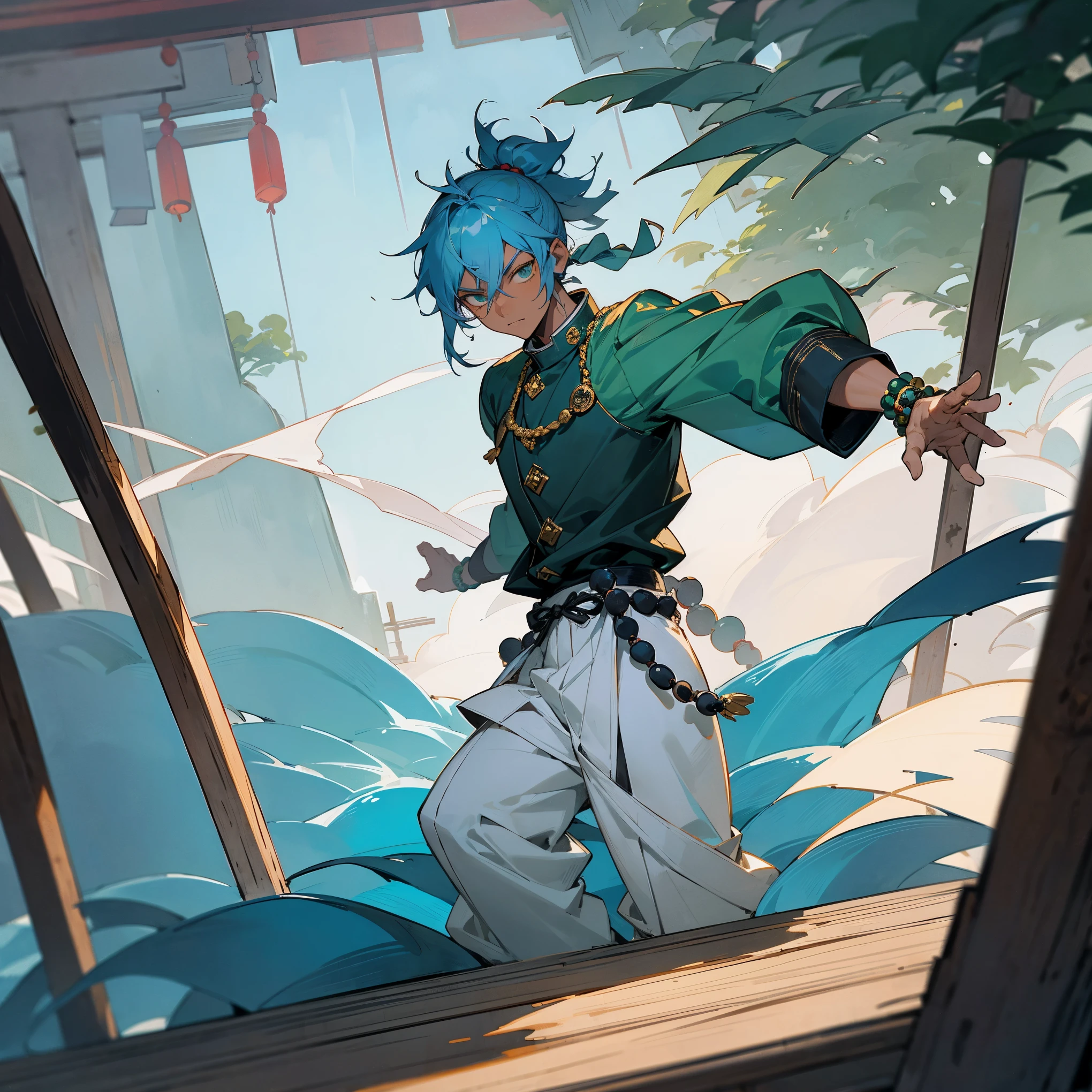 1male, , dark skin, short wavy low ponytail, pale blue colored hair, finely detailed green eyes, peasant clothes, loose gakuran uniform with sleeves rolled up, baggy pants, prayer beads, serious expression, fisherman village, lanterns, standing in front of shrine gate