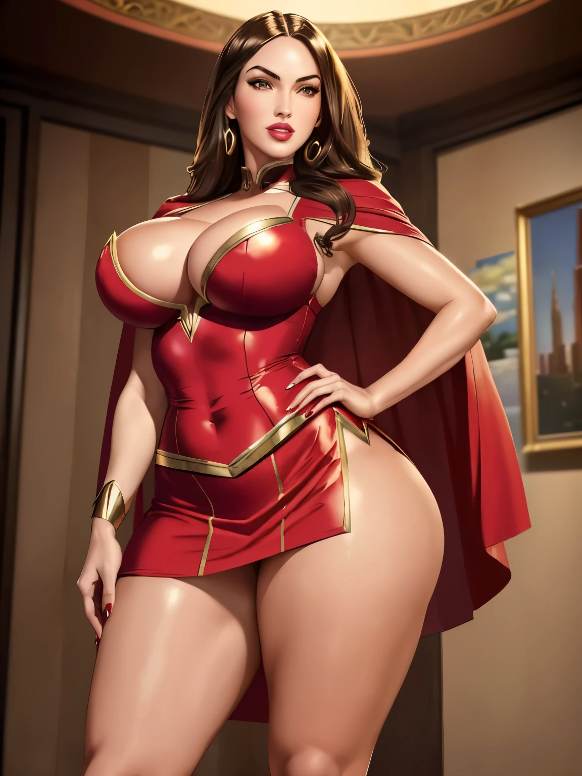 (((portrait of megan fox as mary marvel))), (((medium breast))), ((((pinup)))),  (((viewed from below))), ,[[[(((low angle)))]]]], ((sensual uniform)), ((red uniform)), ((red skirt)), seductive eyes, seductive pose, seductive smile, ((day city background))), (((full body))), (((8k, highly detailed, intricate, sharp focus, hd, masterpiece))), ((white cape)), high heels boots,, thigh hips, wide hips, big hips, with seductive eyes, seductive pose and seductive smile, skin pores, (eyeshadow), make up, lipstick, jewelry, (she's looking into the distance), ((with saggy breast)), colorful, vibrant, volumetric lighting, subsurface scattering, good highlights, good shading, cinematic, highest quality, award winning, masterpiece, 35mmstyle, (((8k, highly detailed, intricate, sharp focus, hd, masterpiece))), (((big hips))), ((hourglass figure)), ((peachy ass)), ((big ass)), (((feminine))), beautiful female, high res, perfect hands, (((perfect fingers))), tease, with a seductive smile, smiling seductively, perfect eyes, seductive lady, seductive smile, ((wide hips)), mature body, ((womanising smile)), captivating and enticing, cleavage, good anatomy, amazing goddess, epic, wide legs, vibrant colors,