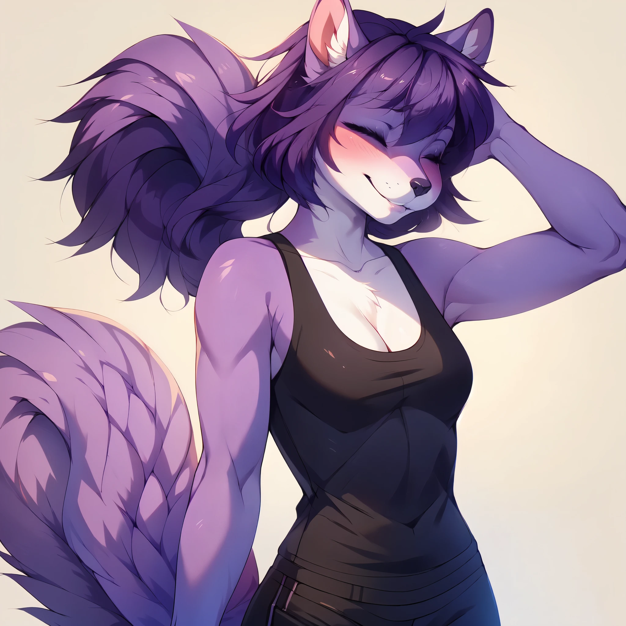 Solo, by fumiko, by hyattlen, by hioshiru, Kaori, closed eyes, black nose, purple squirrel girl, short purple hair, ponytail, purple furry body, wearing black tank top, portrait, close up, squinting:2, ((looking away)):1.3, looking to the side, blushing profusely, head tilted, coy smile, mouth slightly open, laughing, shy, no background, front view, looking embarrassed, her hand behind her head, scratching her head