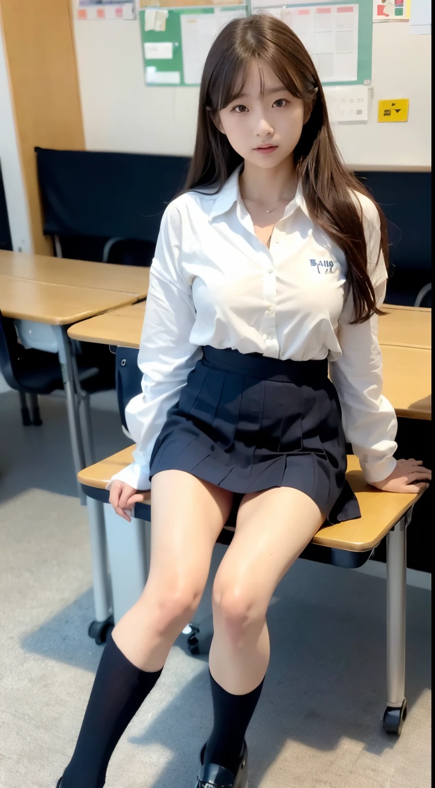 mix 4, (16K, Raw photo, best image quality, masterpiece: 1.45), (realistic, Photoreal: 1.37), one girl, Cute Japan , photon mapping, school classroom, Physically based rendering, dark brown hair,medium long hairstyle, With bangs,Beautiful well-groomed eyes、((double eyelid))、 (((school uniform、blazer、Plain white long-sleeved shirt worn by Japanese high school girls、navy blue mini skirt、navy blue ankle length socks、black loafers))), highest quality photos, High resolution, 1080P, (clear face), (Detailed facial description), (detailed description of hands), (masterpiece), (Detailed CG)、extreme light and shadow、messy hair、master work、Rich details、(detailed facial features)、(highest quality photos)、(Masseter muscle part)、((School desks and chairs in the background))、sitting on the desk、Place your right leg on the desk and hold it with your right hand.、Two arms and two legs、(((from the front:0.7)))、Taking a selfie with a black smartphone in his left hand,Your face is hidden by your smartphone
