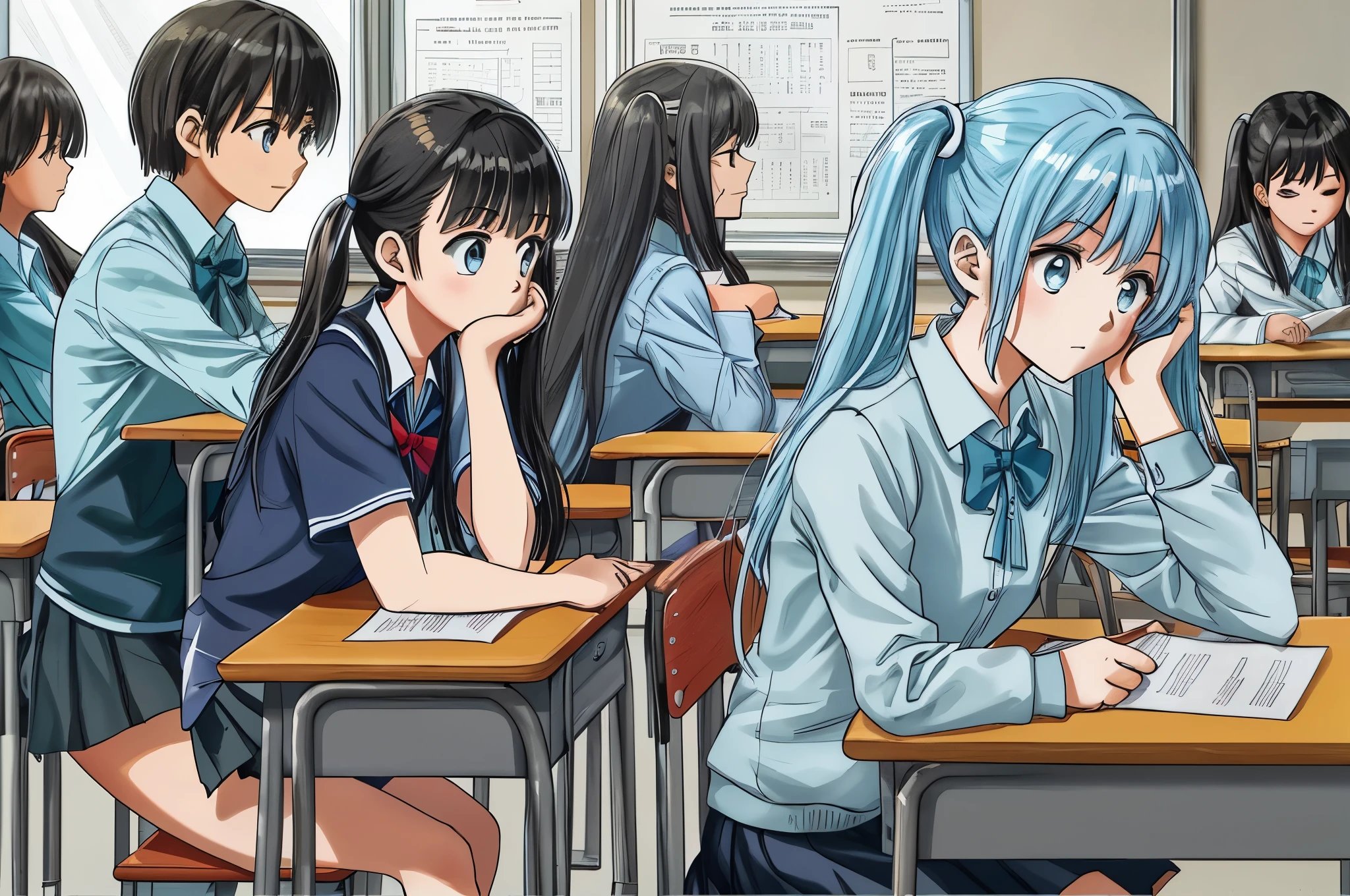 Female student taking a test in the classroom，I&#39;m sitting in a chair heading to a test.、light blue long hair、twin tails、Lots of friends、fresh face，Quiet and peaceful