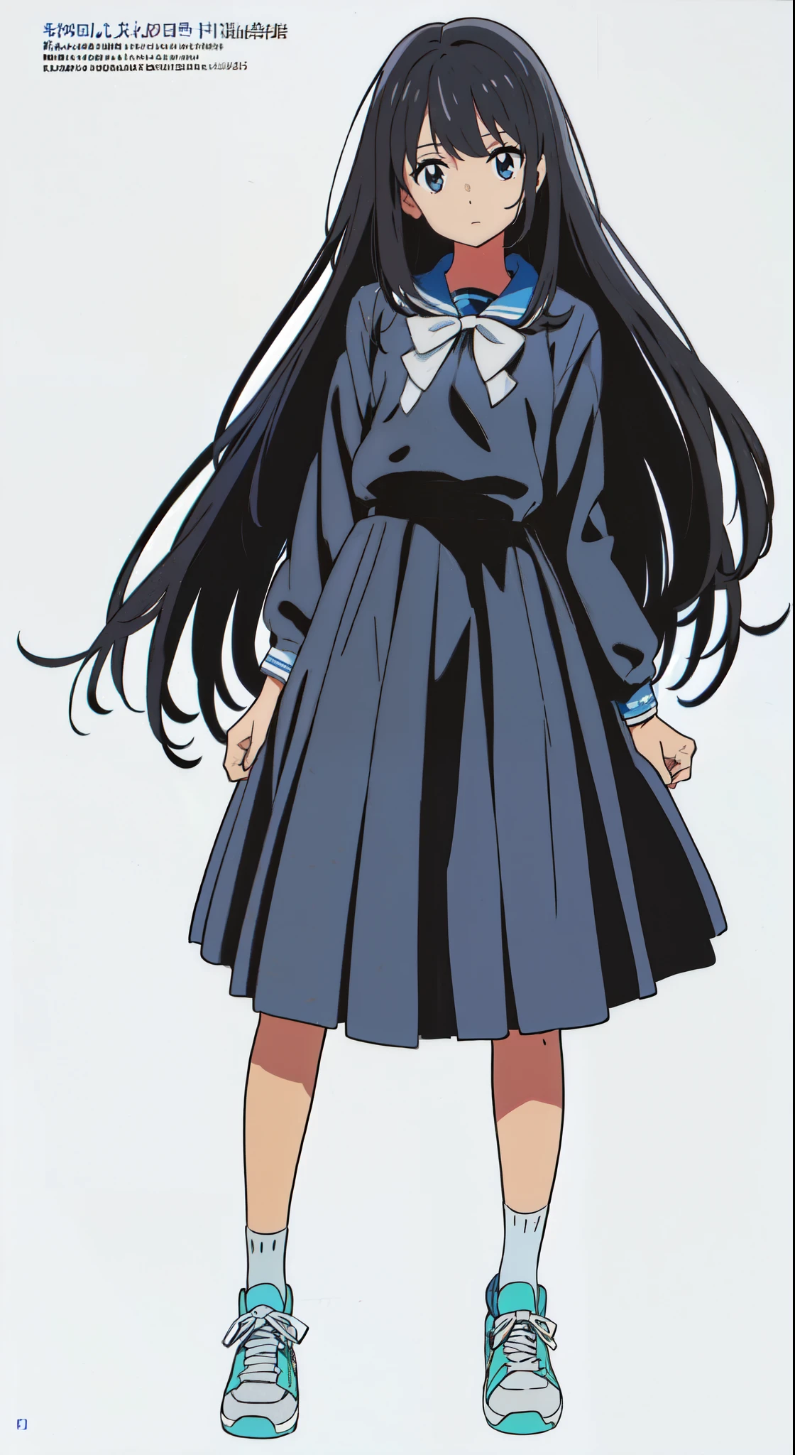 (best quality:1.0), (a 15yo cute girl:1.0), (white background:1.0), (best quality:1.0), (masterpiece:1.0), (super fine illustration:1.0), (beautiful artwork:1.0), (anime screencap:1.0), (official art:1.0), (full body:1.0), (solo:1.0), (a 15yo cute girl:1.0), (long skirt:1.0), (dark blue skirt:1.0), (pleated skirt:1.0), (dark blue sailor uniform:1.0), (long sleeve sailor uniform:1.0), (sneakers:1.0), (white socks:1.0), (ideal ratio body proportions:1.0), (lanky:1.0), (tall:1.0), (slender:1.0), (small breasts:1.0), (smaller face:1.0), (tareme:1.0), (detailed beautiful eyes:1.0), (detailed beautiful face:1.0), (glowing black eyes:1.0), (medium hair:1.0), (black hair:1.0), (standing:1.0), (looking at viewer:1.0)