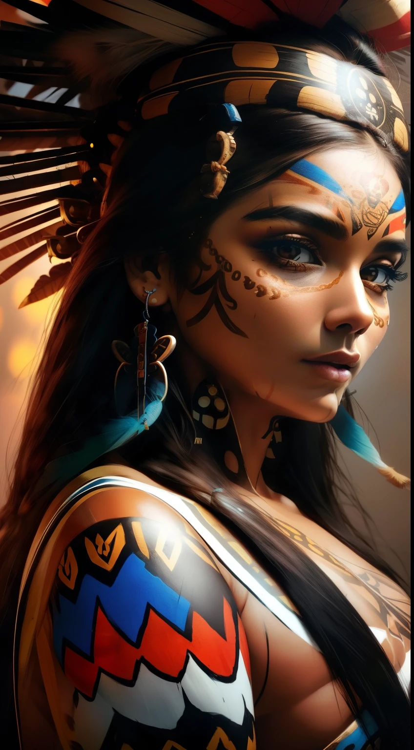 Beautiful indigenous woman , ​masterpiece, fully detailed, detailed face and body , Indigenous paintings on faces , Best possible quality, Bright reflected light , Nose pierced with crossed bones , Typical pierced ears, Indigenous cultures, Know more about everything , 8K