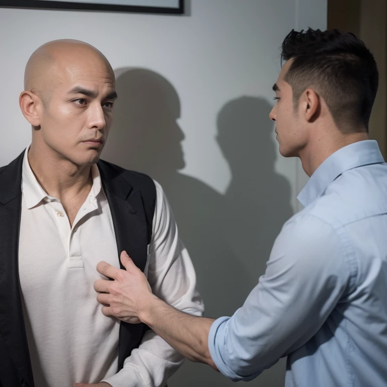 A handsome boy, 20 years old, big eyes, square face, short black hair, muscular, tattoos on his neck, wearing a black suit and shirt, and a middle-aged rich businessman, round face, a little bald, two handshake cooperation, best quality, master work, masterpiece , touching each other , sexy , groping