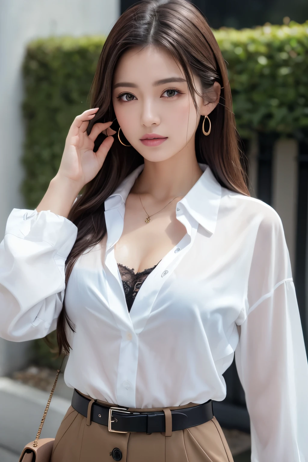 (8K, top quality, high res, masterpiece: 1.3), pretty Japanese girl: 1.5, tall beautiful woman, wet in rain: 1.3, wearing defined abs, loose wavy dark brown hair, chest, pendant, white button-up shirt, belt, black skirt, (modern in background modern architecture), very detailed facial features and skin texture, complex eyes, double eyelids.