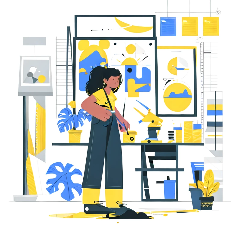 Flat ui vector illustration, a boy in white shirt and blue vest,pants,standing,working in office,longhair,smile,simple background