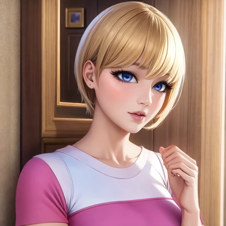 (masterpiece, best quality:1.2),miraculous,Rose Lavillant, 1girl, solo,short blonde hair,bluebell eye's,pink-top,white pants.