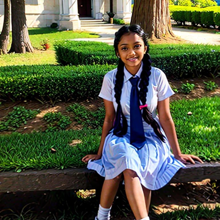 (masterpiece, best quality:1.2), 1girl, solo , 18 years old school girl wearing white frock and color tie , braided hair with plaits , wearing white shoes and socks , hyper realistic