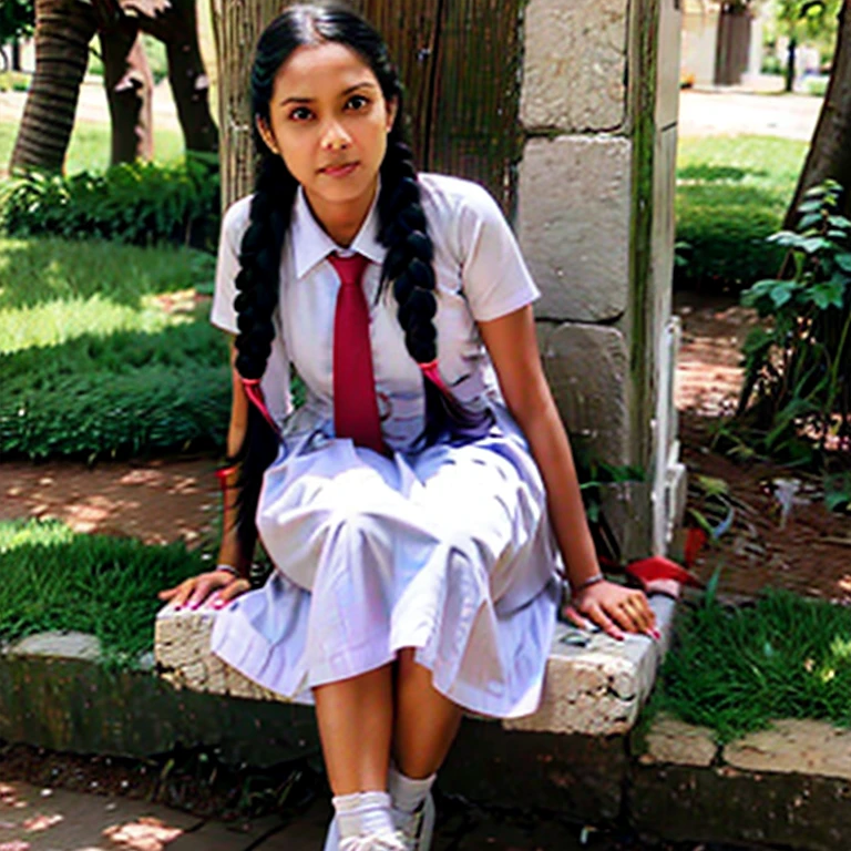 (masterpiece, best quality:1.2), 1girl, solo , 18 years old school girl wearing white frock and color tie , braided hair with plaits , wearing white shoes and socks , hyper realistic