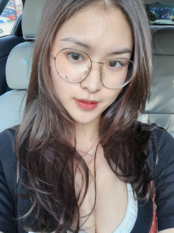 (realistic、masterpiece、Best Quality、8K、highres、high resolution:1.3)、1 girl、Big breasts、glasses、white bikini、looking at viewers、super fine face and eyes、long hair、 exposed cleavage、upper body、