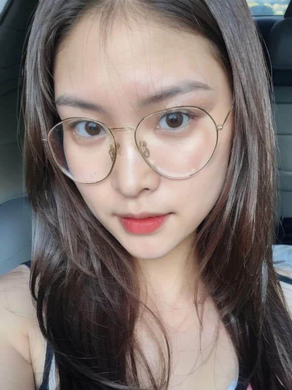 (realistic、masterpiece、Best Quality、8K、highres、high resolution:1.3)、1 girl、Big breasts、glasses、white bikini、looking at viewers、super fine face and eyes、long hair、 exposed cleavage、upper body、