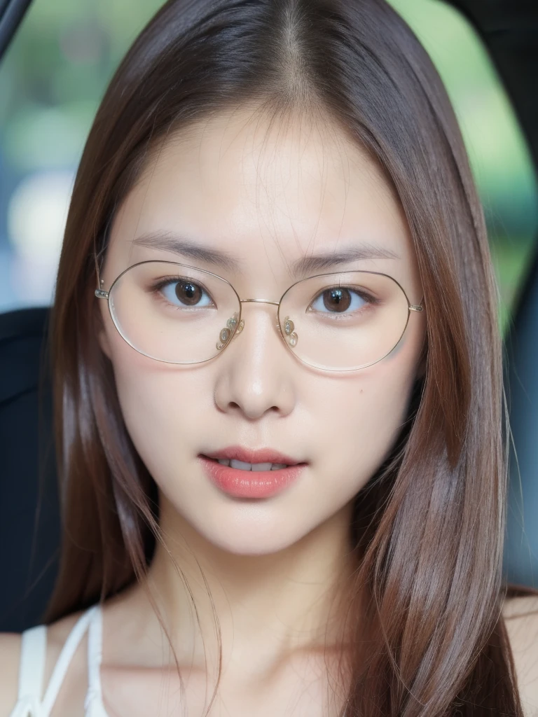 (realistic、masterpiece、Best Quality、8K、highres、high resolution:1.3)、1 girl、Big breasts、white bikini、glasses、looking at viewers、super fine face and eyes、long hair、 exposed cleavage、upper body、