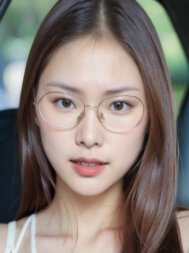 (realistic、masterpiece、Best Quality、8K、highres、high resolution:1.3)、1 girl、Big breasts、white bikini、glasses、looking at viewers、super fine face and eyes、long hair、 exposed cleavage、upper body、