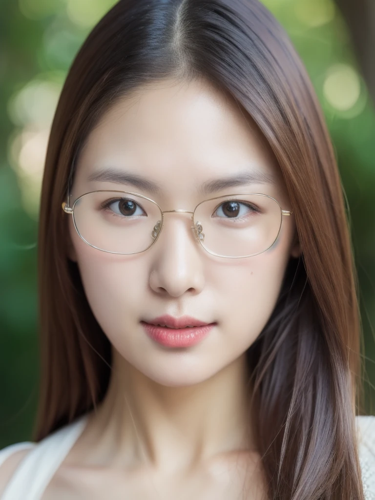 (realistic、masterpiece、Best Quality、8K、highres、high resolution:1.3)、1 girl、Big breasts、white bikini、glasses、looking at viewers、super fine face and eyes、long hair、 exposed cleavage、upper body、
