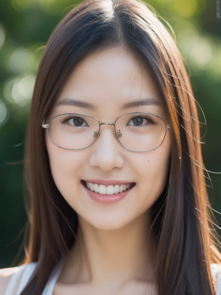 (realistic、masterpiece、Best Quality、8K、highres、high resolution:1.3)、1 girl、Big breasts、white bikini、glasses、smile 、looking at viewers、super fine face and eyes、long hair、upper body、