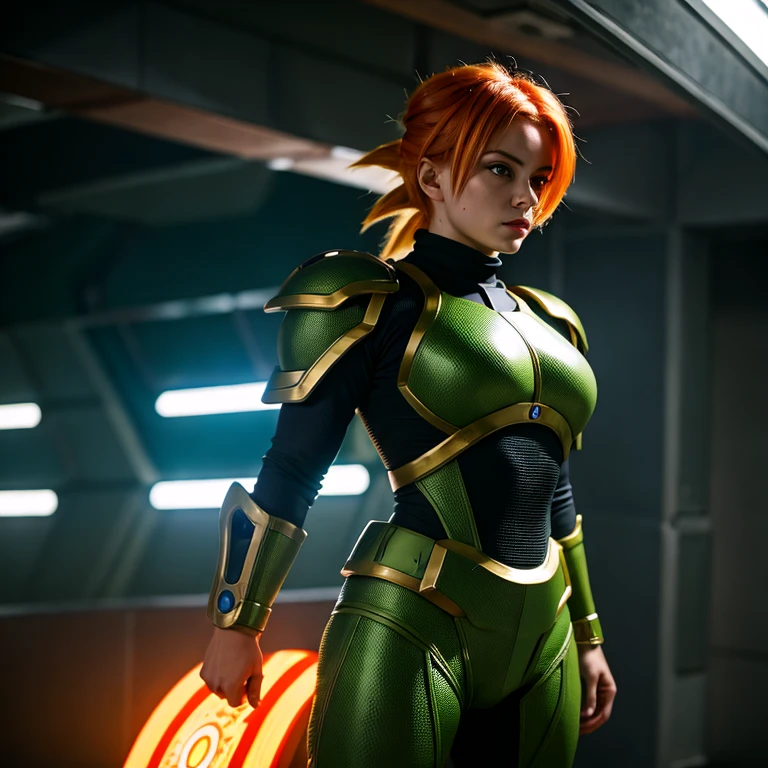 Ultrarealistic, Futuristic armor saiyan, color armor green, (masterpiece, best quality:1.2), 1girl, solo, orange hair, (HD, Fondo de pantalla 8K, alta resolución), iluminación cinematográfica,
