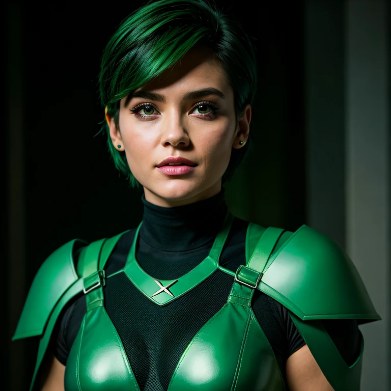 ultrarealista, (masterpiece, best quality:1.2), 1girl, solo, un primer plano de una persona vestida de verde y negro, Traje X-men Color green, hiedra, como heroína retrofuturista, short hair green