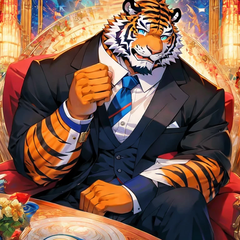 anime character dressed in a suittie with a tiger , (SFW) Work, Jazz and Ross Draw, Popular topics on artstation pixiv, on pixiv, high resolution committee, guys, tiger_beast, pixiv contest winners, Detailed digital animation art, pixiv style, High quality fan art, anthropomorphic tiger