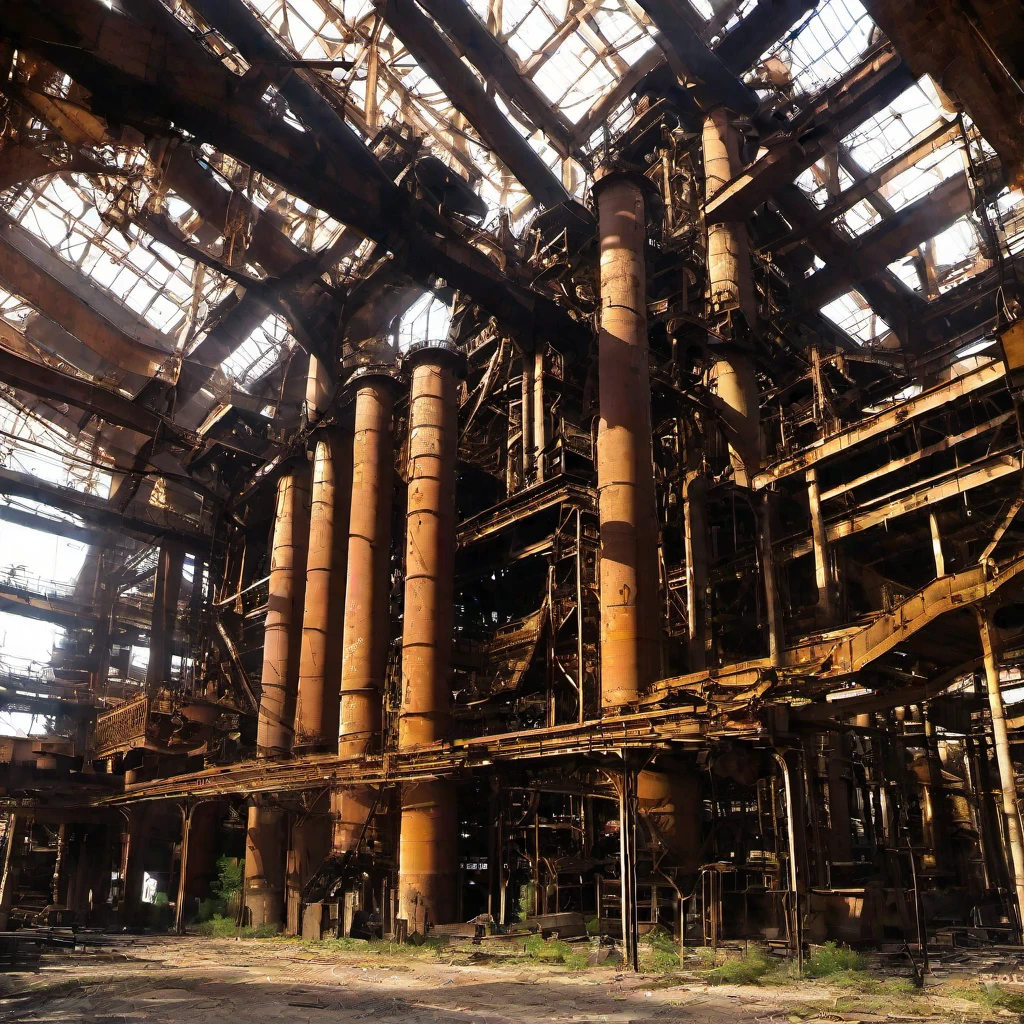 (masterpiece, best quality:1.2), Factory, steel mill, old factory, factory, metal structures, abandoned factory in the post-Soviet space, scrap metal, metal construction, workshops, factory pipes, blast furnaces, a huge abandoned factory in the post-Soviet space, Distillation columns, stiffeners, metal structures, iron pipes, rusty structures of chemical plants