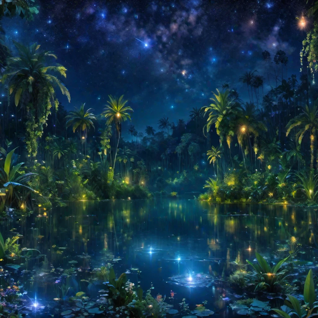 (masterpiece, best quality:1.2), Jungle, night, crystals, stars, magic, best quality, swamp lake, dark jungle, starry sky, sharp crystals, palms, lake, firefly, trees, big trees, ferns, high grass, banana trees