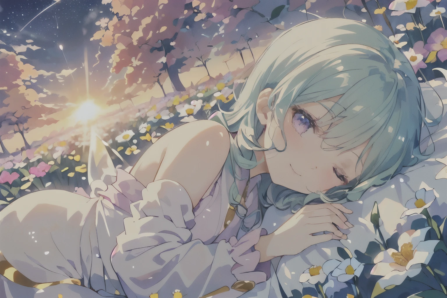 (happy, glad), delightful, blissful, smiling, lying on back, ((lying down)), (((体の周りを薔薇の花と花びらに囲まれている:1.8))),looking at viewer, (wave long hair), 白く輝く大きな妖精の羽,aqua hair, purple eyes, eyes closed,(((キラキラ輝くふわふわレイヤードボールガウンドレス,フラワーとリボンとレース飾り:1.1))) , 薔薇の花,花吹雪,in the field of flowers, surrounded by stars, at sunrise, kawaii, fantasy, light atmosphere, dreamy atmosphere, romantic atmosphere, fairy academia, romantic academia, soft-edged, upper body, from front, aerial view, golden ratio, sunrise, soft lighting, light colors, bright colors,