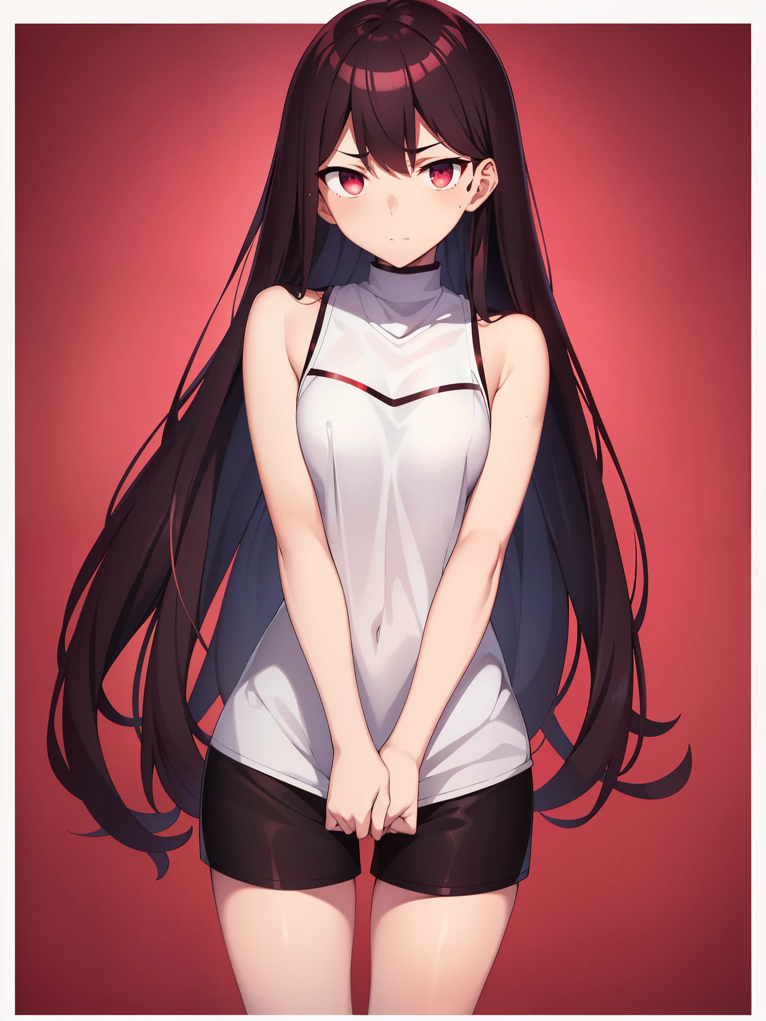 Komishoko、Pixal style、(Dark red rectangular background with white border:2.5)、shirt、abs、Seven points shoulder、C cup、ultra shorts、black stockings、high detail、Moles under the eyes、heart eyes、love pupil、fleshy thighs、High Depiction、delicate face