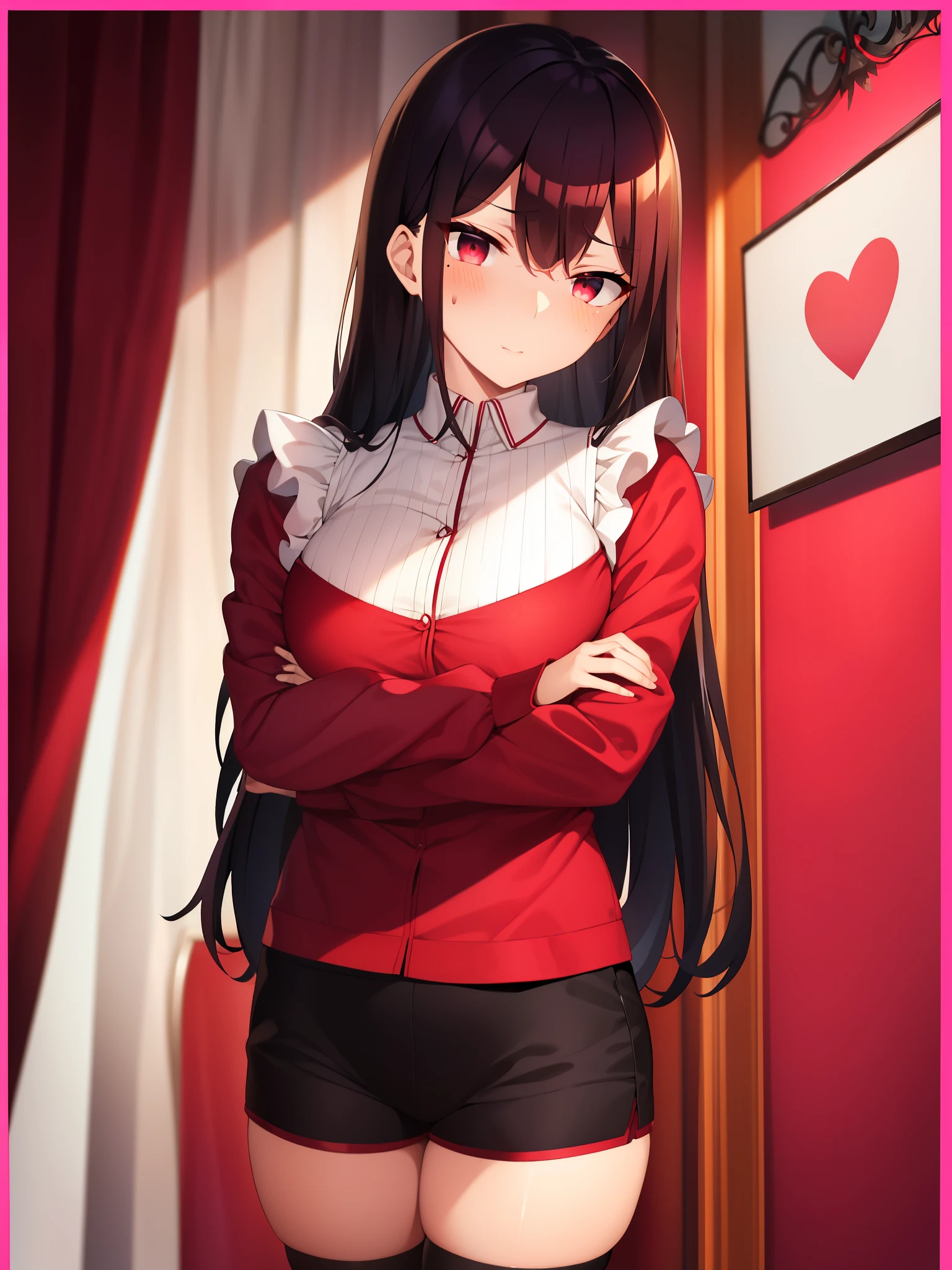 
Komishoko、Pixal style、(Dark red rectangular background with white border：2.5)、shirt、abs、Seven points shoulder、C cup、ultra shorts、black stockings、high detail、Moles under the eyes、heart eyes、love pupil、fleshy thighs、High Depiction、delicate face