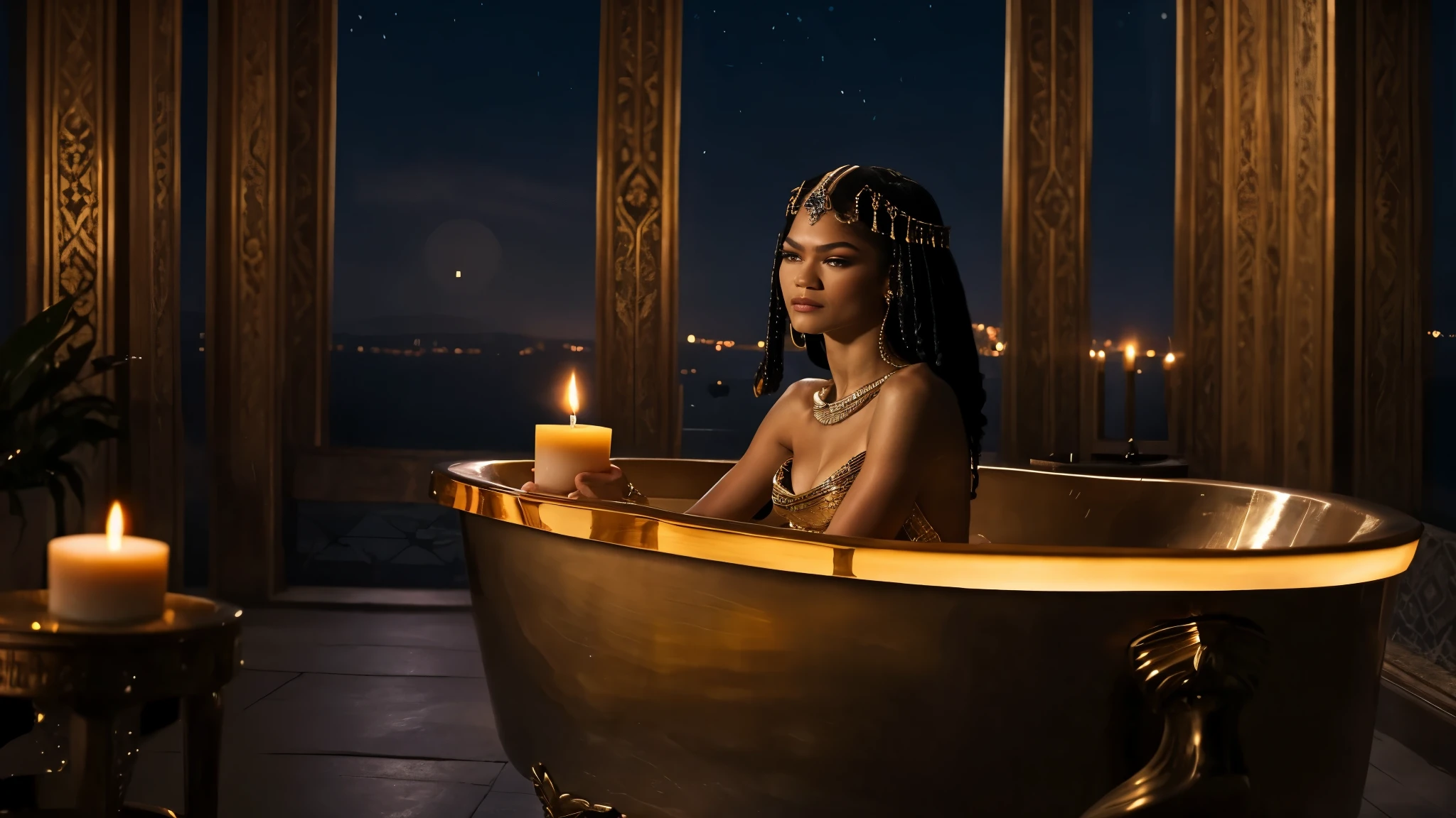 An elegant dark-skinned Egyptian woman with long black hair bathes in a thermal bath filled with milk. The scene is permeated with ancient charm. The walls of the bath are decorated with ornate hieroglyphs that tell stories from ancient Egypt. Soft light falls through a skylight, bathing the scene in a warm, golden glow. The woman wears traditional ancient Egyptian jewelry and appears relaxed, graceful and looks at the viewer.