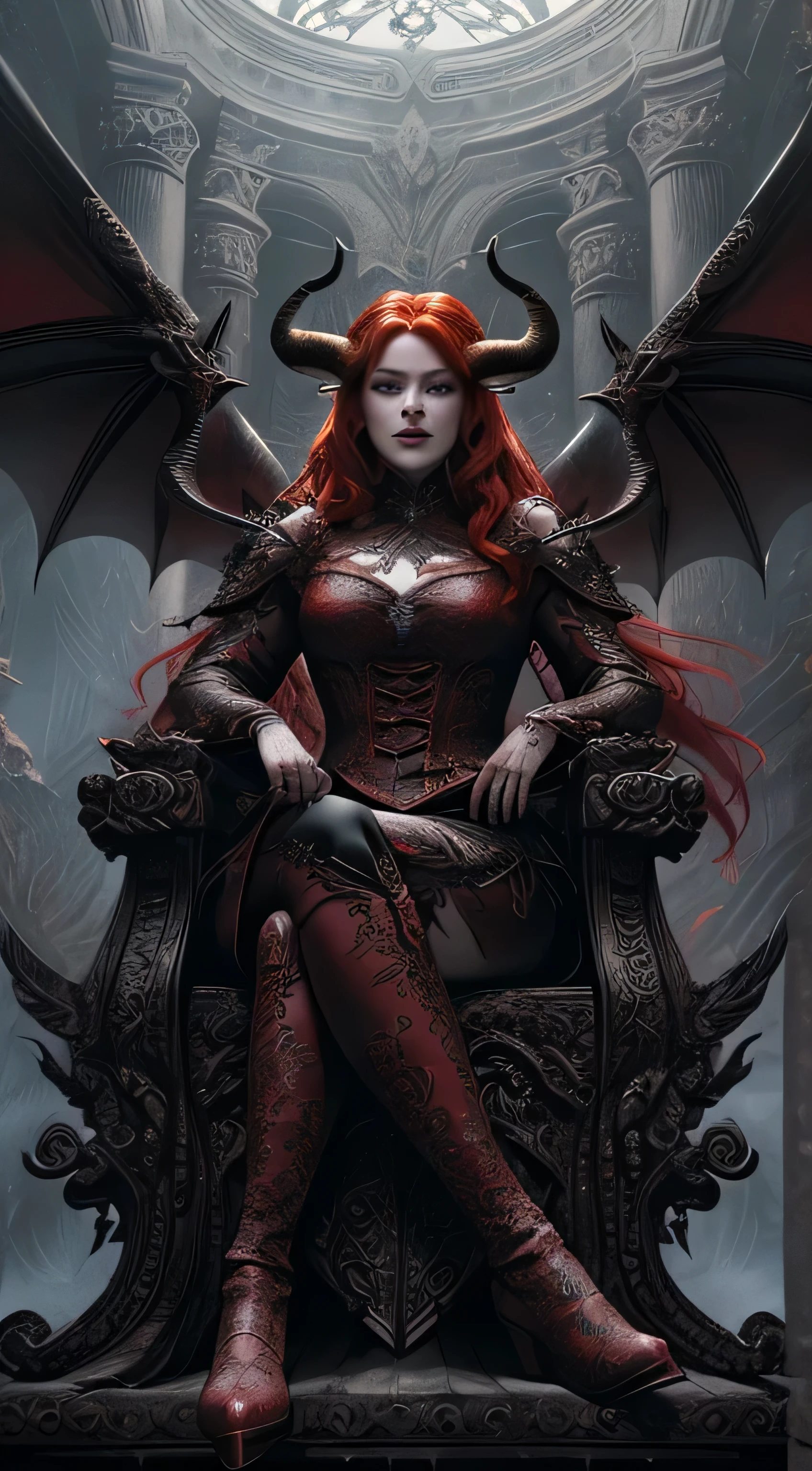 (a red-haired woman with horns sitting on a flying throne with dragon wings),illustration,lindos olhos detalhados,beautiful detailed lips,olhos e rosto extremamente detalhados,long eyelashes,maquiagem elaborada,tatuagens complexas,atmosfera escura e misteriosa,high resolution,ultra-detalhado,fotorrealista:1.37,Gothic,Fantasia,Cores ricas e vibrantes,ethereal lighting