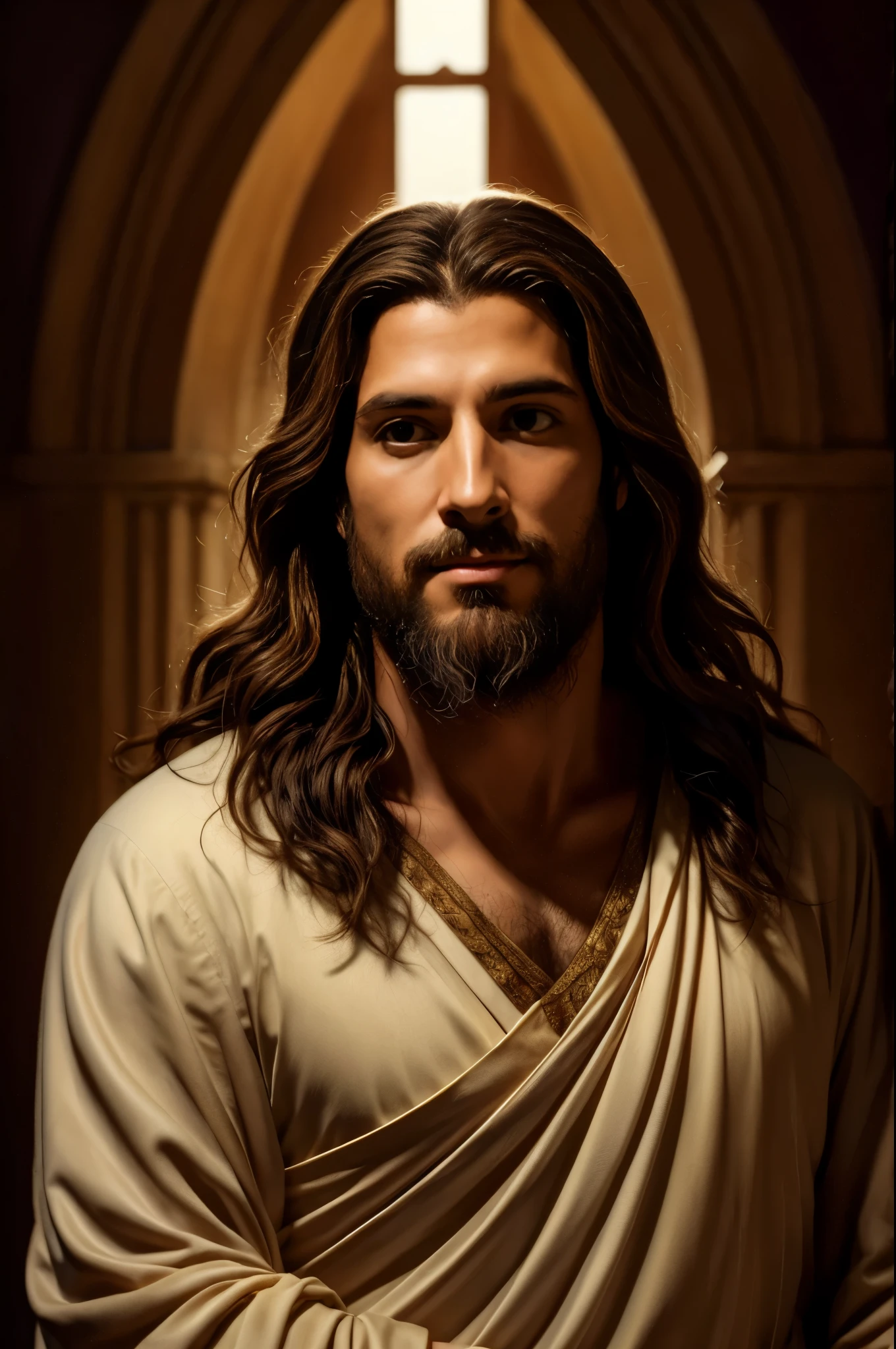 A serene and peaceful face of Jesus, with a gaze filled with love, compassion, and wisdom. Realistic, with his mantle covering his entire body. The portrait captures the essence of his divine presence, with intricate details and a lifelike depiction. The artist skillfully portrays Jesus as a 33-year-old Hebrew man, with short brown hair and a long brown beard. The open arms of Jesus invite all to seek solace and find salvation. The painting, reminiscent of the styles of Diego Velázquez, Peter Paul Rubens, Rembrandt, and Alex Ross, showcases their mastery in capturing the human form and the spiritual aura surrounding Jesus. This exceptional artwork is created using the finest oil painting techniques, resulting in a surreal and hyper
