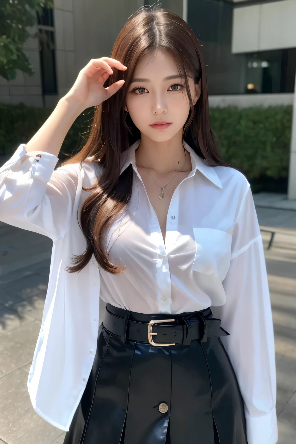 (8K, top quality, high res, masterpiece: 1.3), pretty Japanese girl: 1.5, tall beautiful woman, wet in rain: 1.3, wearing defined abs, loose wavy dark brown hair, chest, pendant, white button-up shirt, belt, black skirt, (modern in background modern architecture), very detailed facial features and skin texture, complex eyes, double eyelids.