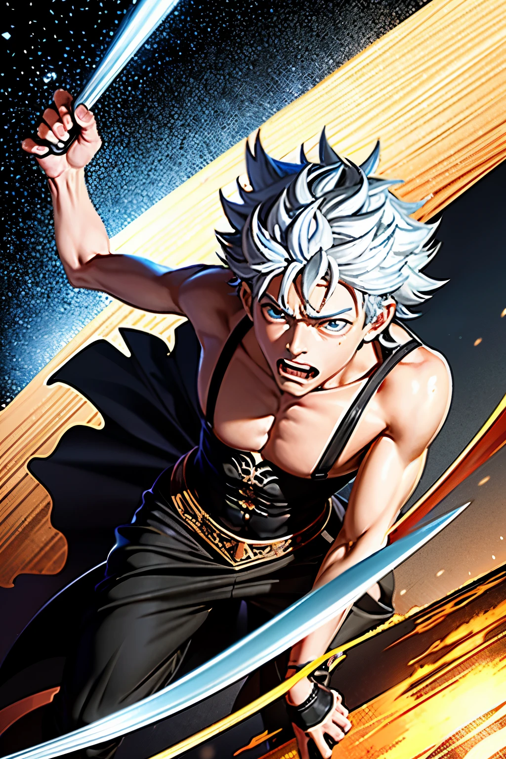 Anime character Asta, renowned from the Black Clover anime, is depicted in this stunning artwork as he wields his sword with determination and might. Asta's striking black hair flares up around his fierce expression, and his gravity-defying gravity-defying black sword shines brightly, emitting powerful energy. With his eyes focused intently on a distant threat, Asta demonstrates the full extent of his extraordinary powers in Black Clover. The captivating, high-definition artwork expertly captures every intricate detail, delivering a masterpiece of anime artistry. S2.
