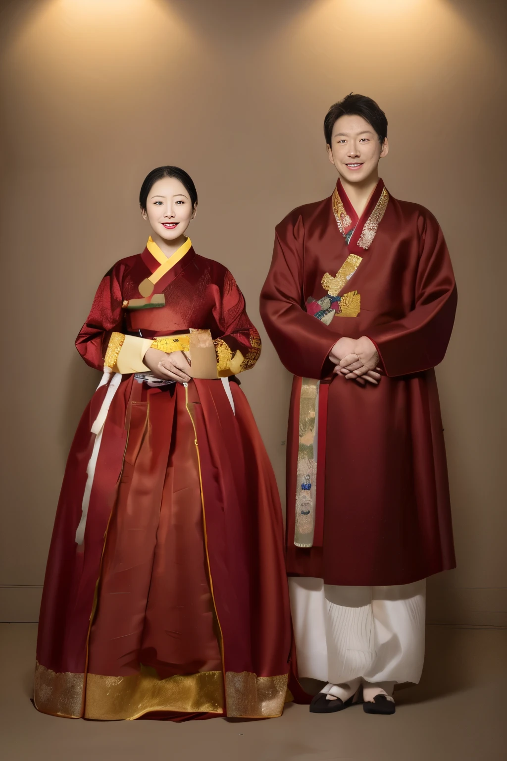 a couple of people in Han bok standing next to each other, Han bok, korean Han bok, traditional clothing, traditional clothes, Songs inspired by Shin Saimdang, Han bok apron, traditional dress, traditional, wearing period correct clothing, wearing colorful silk clothes, Wear authentic attire, wearing traditional garb, Songs inspired by Shin Yun-bok, official photos, traditional costume A Korean couple wears traditional hanbok and bows forward to politely give New Year's greetings.