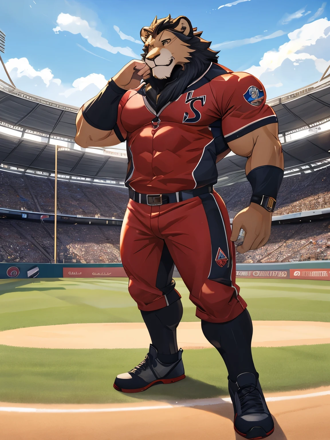 Lion, good looking, male, anthro, baseball uniform, ultradetailed, muscular, solo, bareness, rippling muscles, muscles, stadium background,