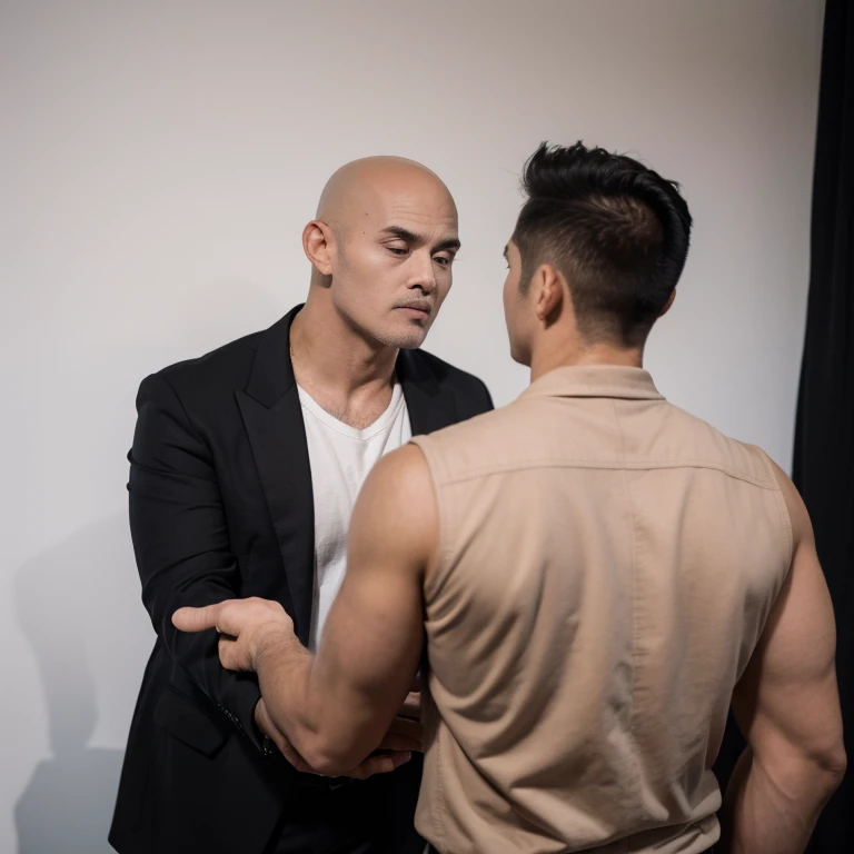 A handsome boy, 20 years old, big eyes, square face, short black hair, muscular, tattoos on his neck, wearing a black suit and shirt, and a middle-aged rich businessman, round face, a little bald, two handshake cooperation, best quality, master work, masterpiece , touching each other , sexy , groping , kissing ass